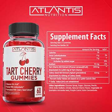 Tart Cherry Gummies with Celery Seed Extract - Advanced Uric Acid Cleanse for Immediate Gout Relief. Powerful Antioxidant with Joint Support - 60 Gummies