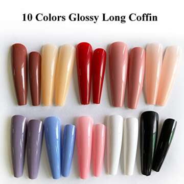 AddFavor Extra Long Coffin Press on Nails XXL Full Cover Ballerina Fake Nails Glossy Colored Acrylic False Nail 12 Size 240pcs Nail Tips for Home and Salon Manicure Design