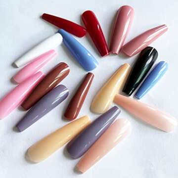 AddFavor Extra Long Coffin Press on Nails XXL Full Cover Ballerina Fake Nails Glossy Colored Acrylic False Nail 12 Size 240pcs Nail Tips for Home and Salon Manicure Design