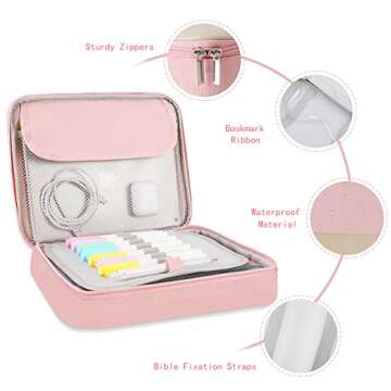 Large Bible Cover for Women, AWDK Bible Case with Handle and Zippered Pocket, Carrying Church Protective Bag with Bookmark and Book Fixing Straps, Gift for Women Men (Pink)