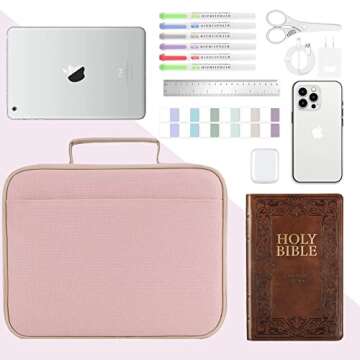 Large Bible Cover for Women, AWDK Bible Case with Handle and Zippered Pocket, Carrying Church Protective Bag with Bookmark and Book Fixing Straps, Gift for Women Men (Pink)