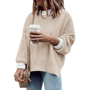 ETCYY Womens Oversized Sweaters Fall 2024 Fashion Clothes Trendy Batwing Sleeve Colorblock Striped Knit Pullover Sweater Tops(M.Apricot)