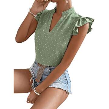 Floerns Green Striped Notched V Neck Ruffle Cap Sleeve Blouse