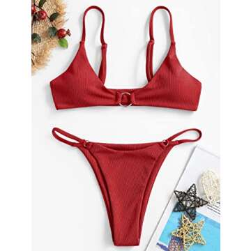 ZAFUL Women's Ribbed O-Ring String Padded Low Waisted Bikini Set Swimsuit (1-Red, S)