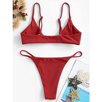 ZAFUL Women's Ribbed O-Ring String Padded Low Waisted Bikini Set Swimsuit (1-Red, S)