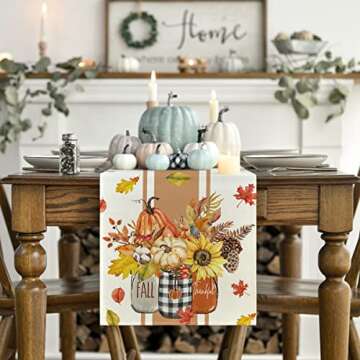 Artoid Mode Thankful Fall Pumpkin Leaves Floral Vases Table Runner, Autumn Thanksgiving Kitchen Dini...