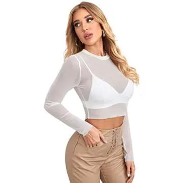 Verdusa Women's Basic Long Sleeve Crop Top See Through Sheer Mesh Tee Shirt White M