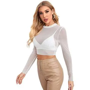 Verdusa Women's Basic Long Sleeve Crop Top See Through Sheer Mesh Tee Shirt White M