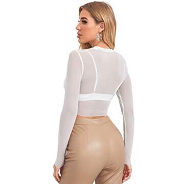 Verdusa Women's Basic Long Sleeve Crop Top See Through Sheer Mesh Tee Shirt White M
