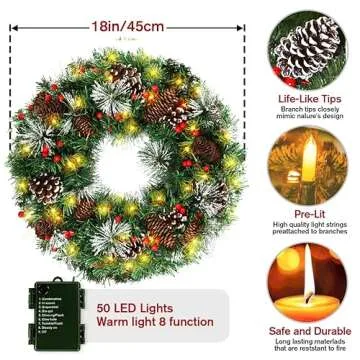 Pre-Lit 18 Inch Christmas Wreath with LED Lights