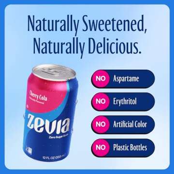 Zevia Zero Sugar Soda, Cherry Cola, 12 oz Cans (24-Pack) – Naturally Sweetened, Zero Calorie Sugar Free Soda - Non-GMO Project Verified, Gluten-Free, Vegan