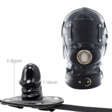 FST Black PU Leather Bondage Mask Hood - Full Face Blinder with Detachable Cover