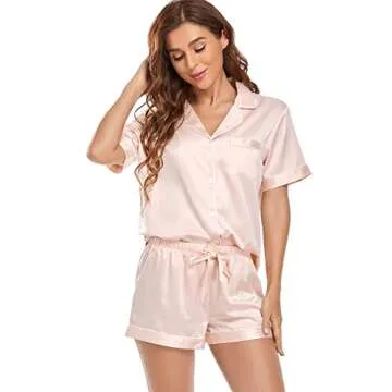 Serenedelicacy Women's Satin Pajama Set 2-Piece Sleepwear Loungewear Button Down Short Sleeve Silky PJ Set (Medium, Nude)