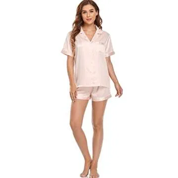 Serenedelicacy Women's Satin Pajama Set 2-Piece Sleepwear Loungewear Button Down Short Sleeve Silky PJ Set (Medium, Nude)