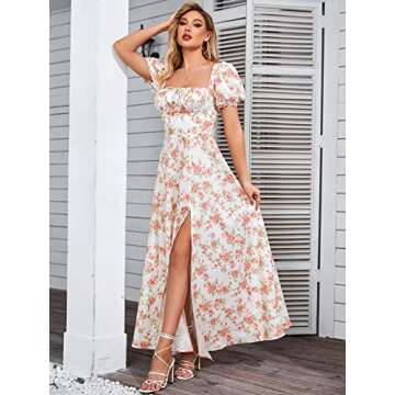 Women's Summer Puff Sleeve Floral Split Maxi Dress Flowy A Line Casual Beach Long Dresses-Rose-XS