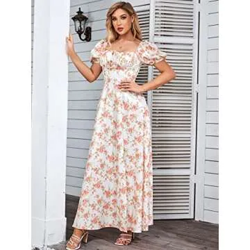 Women's Summer Puff Sleeve Floral Split Maxi Dress Flowy A Line Casual Beach Long Dresses-Rose-XS
