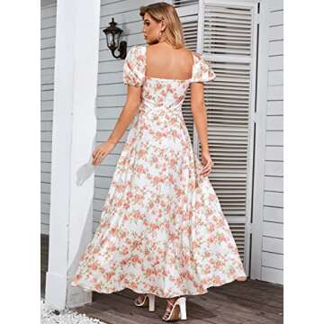 Women's Summer Puff Sleeve Floral Split Maxi Dress Flowy A Line Casual Beach Long Dresses-Rose-XS