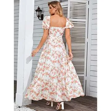 Women's Summer Puff Sleeve Floral Split Maxi Dress Flowy A Line Casual Beach Long Dresses-Rose-XS