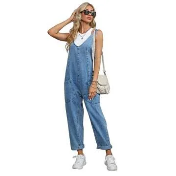 MAOECO High Roller Denim Overalls for Women Casual Sleeveless Loose Baggy Jumpsuits Jeans Pants Onesie with Pockets