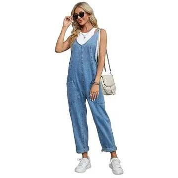 MAOECO High Roller Denim Overalls for Women Casual Sleeveless Loose Baggy Jumpsuits Jeans Pants Onesie with Pockets