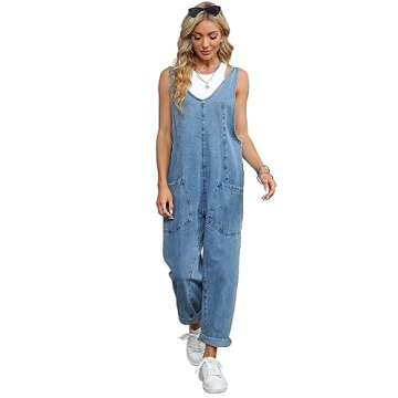 MAOECO High Roller Denim Overalls for Women Casual Sleeveless Loose Baggy Jumpsuits Jeans Pants Onesie with Pockets