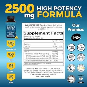 Triple Strength Omega 3 Fish Oil Supplement - 2200mg per Serving, Fatty Acid Supplements with EPA DHA & Omega3 - Re-Esterified Triglyceride for Increased Absorption - 180 Count