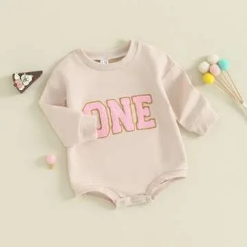 Lamuusaa Baby Girl Boy Birthday Outfit One Embroidery Romper Long Sleeve Crewneck Sweatshirt Birthday Gift