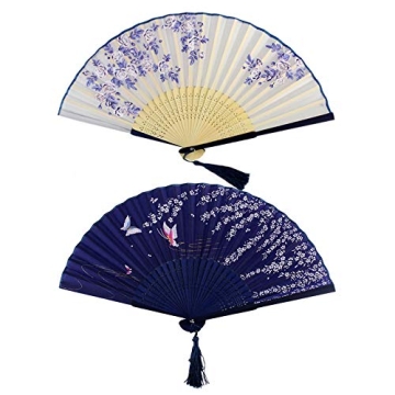 Bantoye 2 Pieces Handheld Fans - Elegant Silk Folding Fans with Bamboo Frames