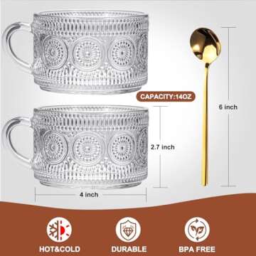 LUECMO Vintage Coffee Tea Cups [2 Pack] - Elegant 14 oz Glass Mugs for Every Occasion