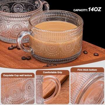 LUECMO Vintage Coffee Tea Cups - Elegant Glass Mugs 14 oz