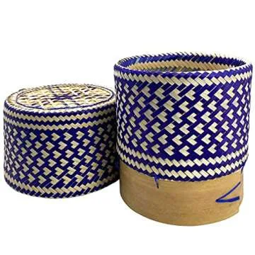 PANWA Bamboo Sticky Rice Serving Basket Thai Kratip Container 100% Handmade Traditional Village Handicrafts with Vegetable Plant Based Dye Coloring Shades Food Safe (Butterfly Pea)