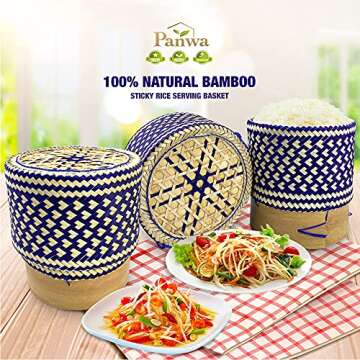 PANWA Bamboo Sticky Rice Serving Basket Thai Kratip Container 100% Handmade Traditional Village Handicrafts with Vegetable Plant Based Dye Coloring Shades Food Safe (Butterfly Pea)