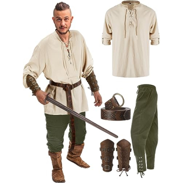 Jiuguva 4 Pcs Halloween Men's Renaissance Costume Set with Vintage Shirt, Pants, Belt