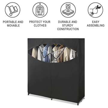 Whitmor Portable Wardrobe Clothes Storage Organizer Closet with Hanging Rack - Extra Wide -Black Col...