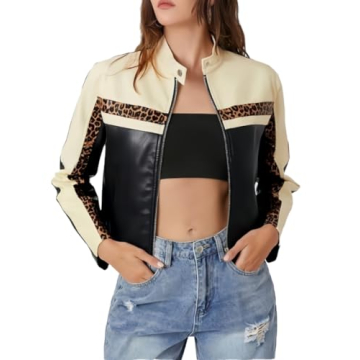 THLAI Womens PU Leather Color Blocked Jacket Long Sleeve Zip Jacket Casual Motorcycle Y2K Coat