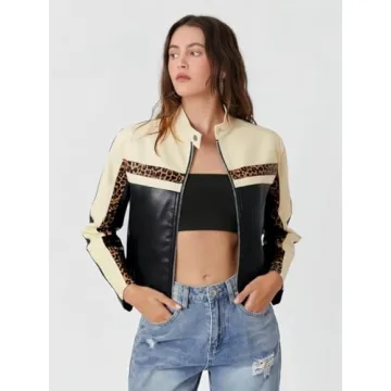 Stylish THLAI Womens PU Leather Color Blocked Jacket