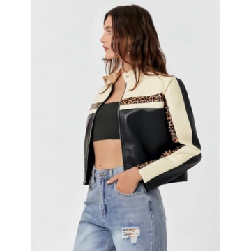 Stylish THLAI Womens PU Leather Color Blocked Jacket