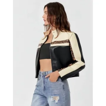Stylish THLAI Womens PU Leather Color Blocked Jacket