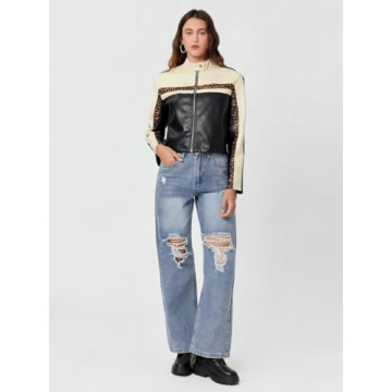 Stylish THLAI Womens PU Leather Color Blocked Jacket