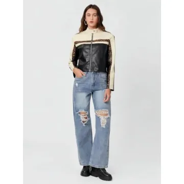 Stylish THLAI Womens PU Leather Color Blocked Jacket