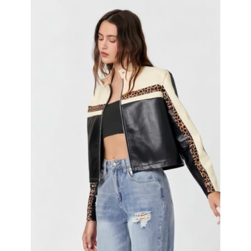Stylish THLAI Womens PU Leather Color Blocked Jacket