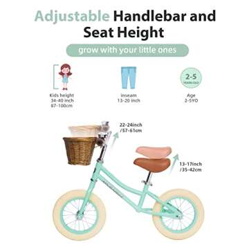 ACEGER 12" Kids Balance Bike with Basket, No Pedal Toddler Bicycle for Early Learning Leg Strength and Steady Balancing, Durable Frame&Tool-Free Adjustable Seat, Gift Bike for 2-5 Kids
