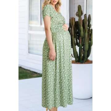 OUGES Summer Maternity Maxi Dress Wrap V Neck Baby Shower Nursing Dresses Breastfeeding 2025(Floral-8, X-Large)