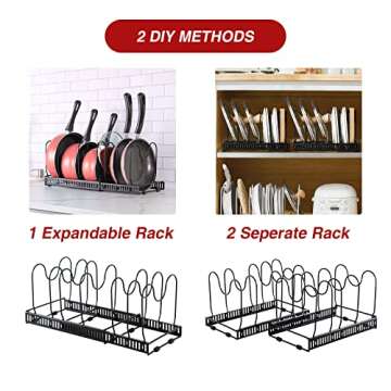 ASHARE Pot Organizer Rack Expandable Pot Lid Organizer Holder with 10 Adjustable Compartment for Kitchen Cabinet Cookware Baking Frying Rack, Black