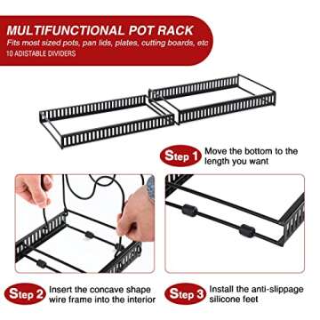ASHARE Pot Organizer Rack Expandable Pot Lid Organizer Holder with 10 Adjustable Compartment for Kitchen Cabinet Cookware Baking Frying Rack, Black