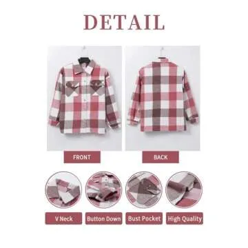 Magritta Plus Size Plaid Blouses for Women Trendy Cozy V Neck Long Sleeve Shacket Jacket Button Up Shirts with Pockets Flannel Coats Square Pink X-Large