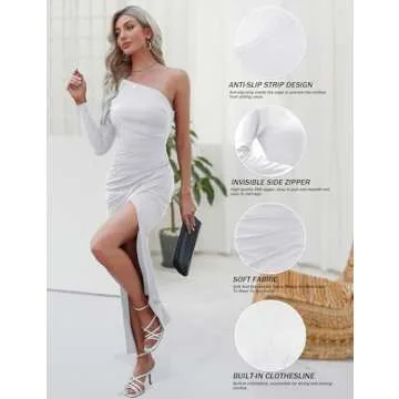 Sarin Mathews Womens One Shoulder Long Sleeve Cocktail Dresses Sexy Bodycon Ruched Wrap Split Party Formal Long Dress White S