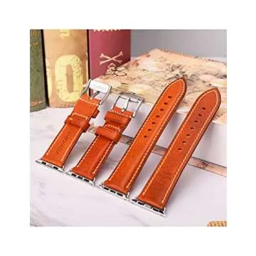 Gomvadr Leather Watch Bands for Apple Watch 38mm40mm41mm 42mm44mm45mm Band, Vintage Style Replacement Band Strap for Iwatch Series SE 7 6 5 4 3 2 1 Women and Men (41mm40mm38mm, Red BrownSliver