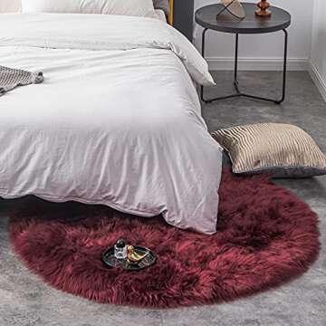 Carvapet Faux Sheepskin Fur Area Rug Round Fake Fur Throw Rug Fluffy Home Decor Living Room Floor Mat Circular Bedside Carpet Soft Circle Kids Play Mat for Nursery Bedroom,4 ft Diameter, Burgundy