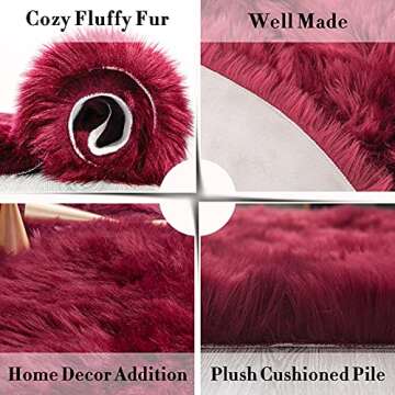Carvapet Faux Sheepskin Fur Area Rug Round Fake Fur Throw Rug Fluffy Home Decor Living Room Floor Mat Circular Bedside Carpet Soft Circle Kids Play Mat for Nursery Bedroom,4 ft Diameter, Burgundy